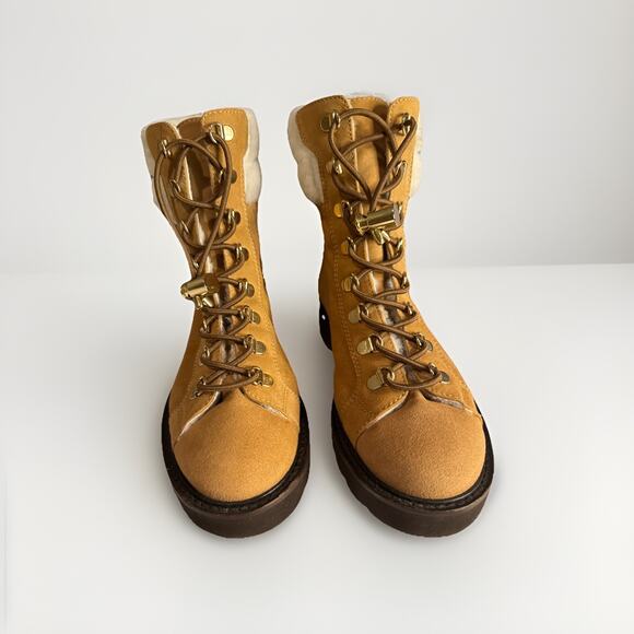 Stuart Weitzman Women's Rockie Lift Chill Boot Size 7 Tan Leather & Shearling - Picture 3 of 5